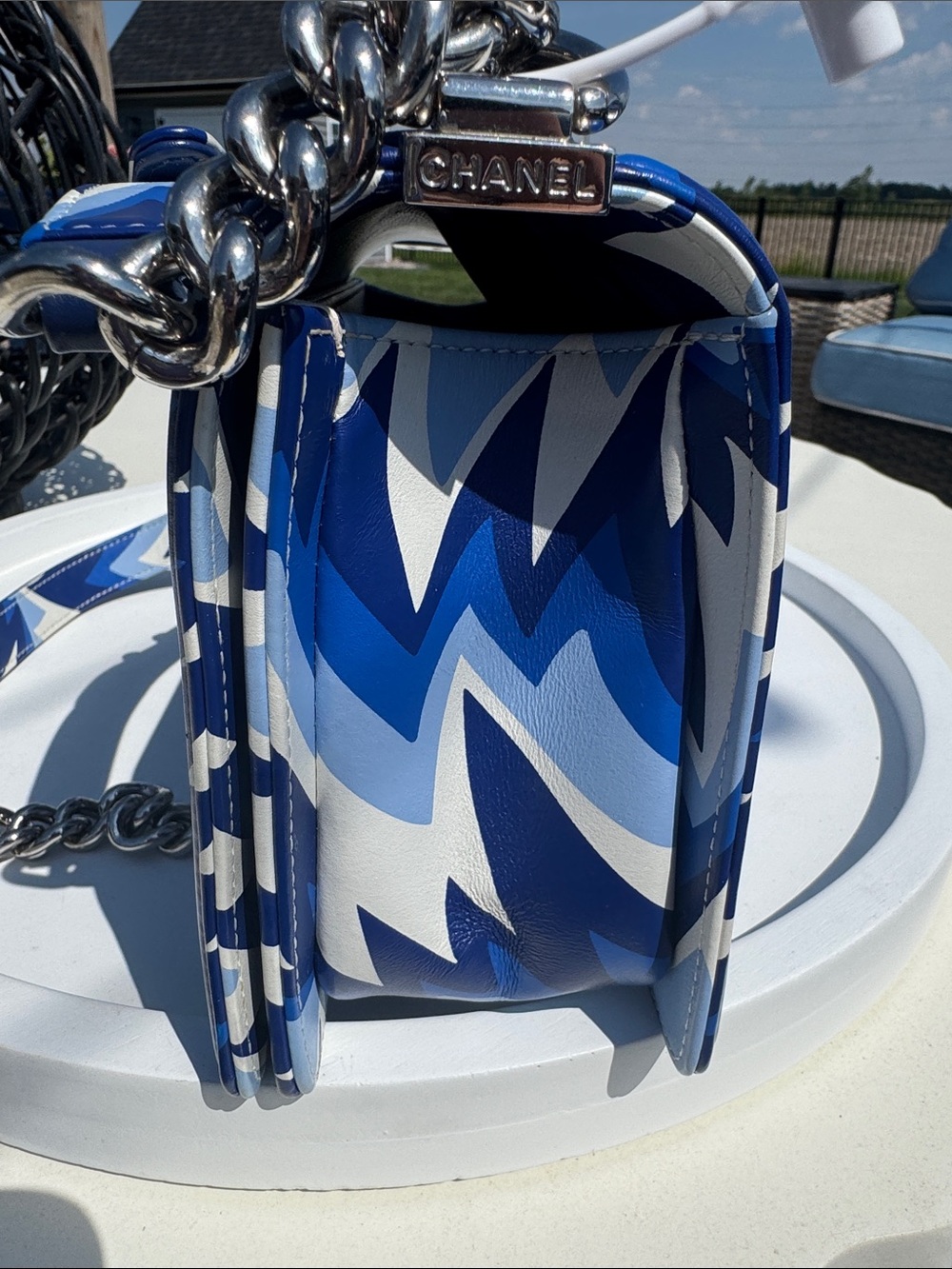 CHANEL Blue & White Chevron Boy Bag with Chain Strap - Picture 4 of 12
